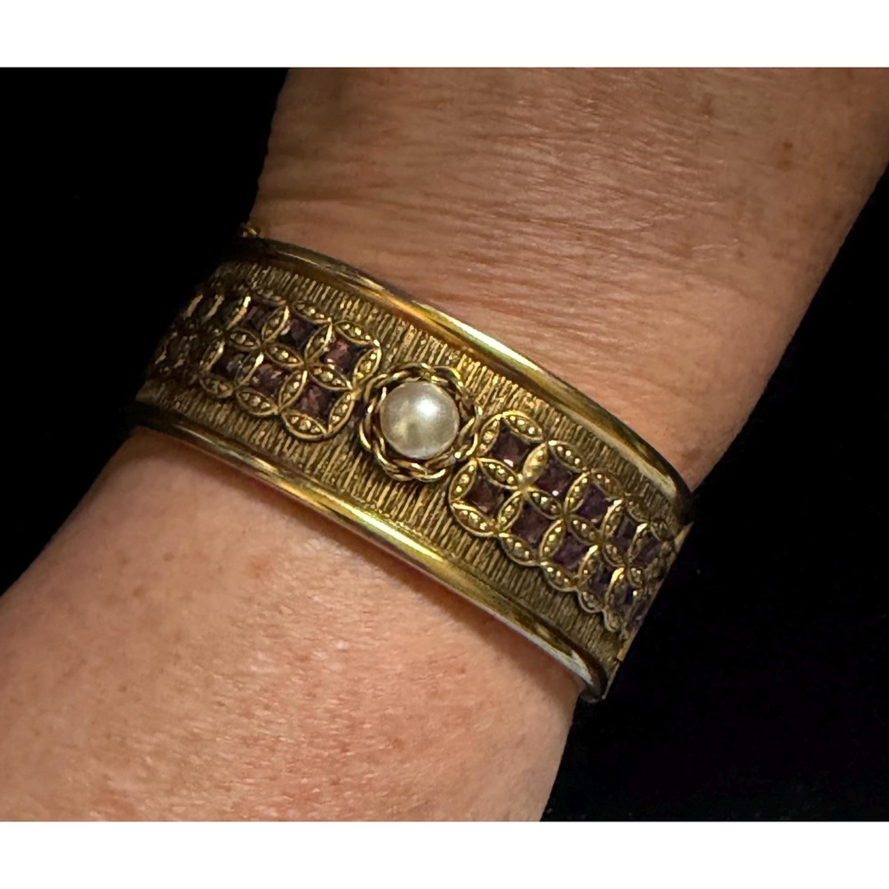 Freirich Hinged Bangle Bracelet Gold Tone Purple Stones